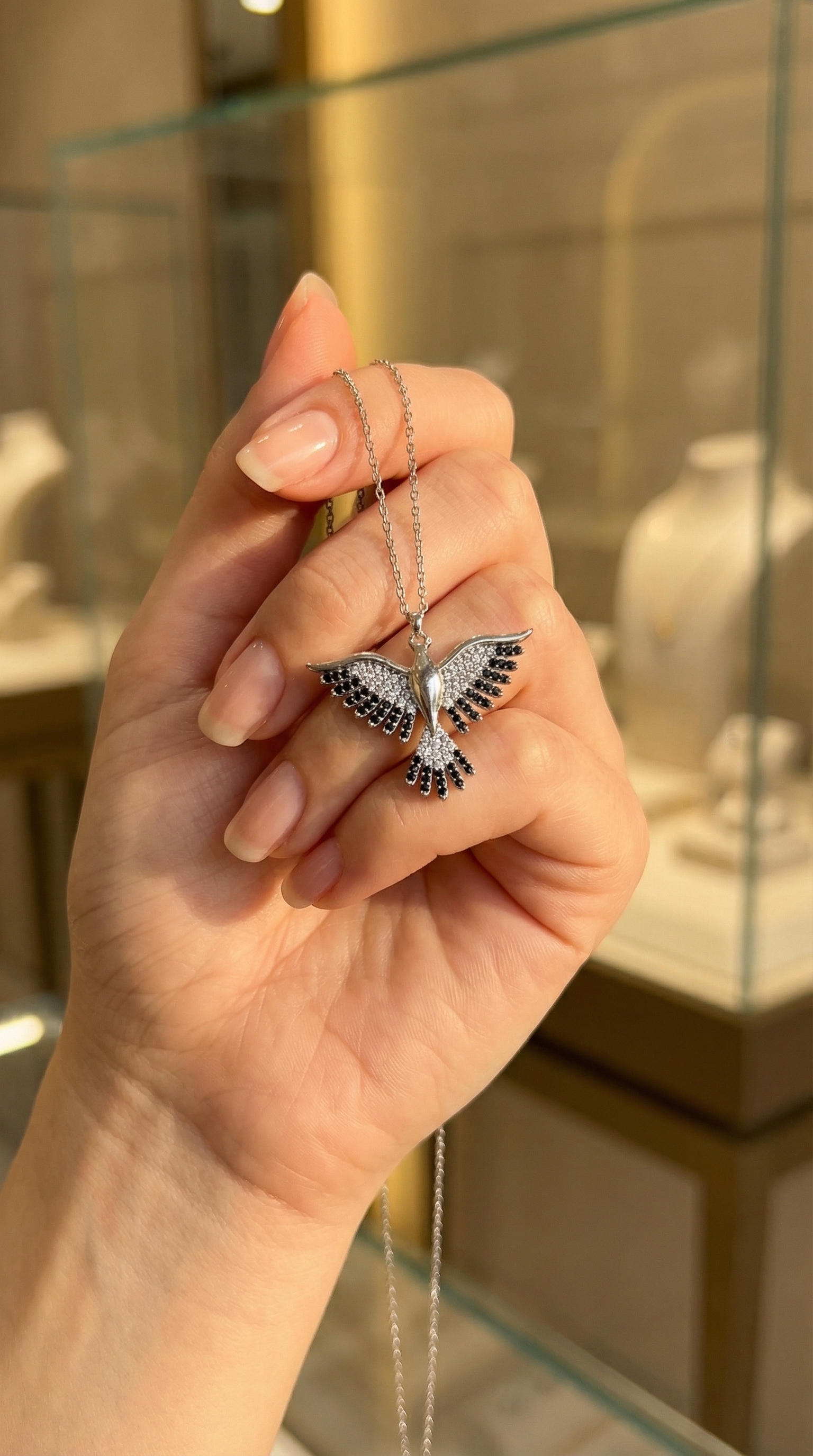 925 Ayar Gümüş Zümrüdüanka Kuşu Figürlü Siyah Beyaz Taşlı Kadın Kolye – Özel Tasarım, Zarif Hediyelik